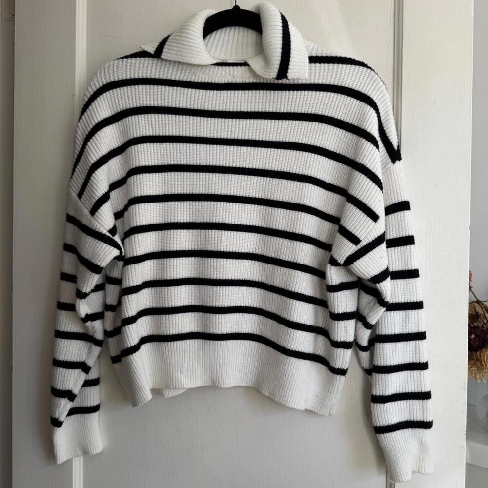 Mango Striped Long Sleeve Polo Pullover Sweater